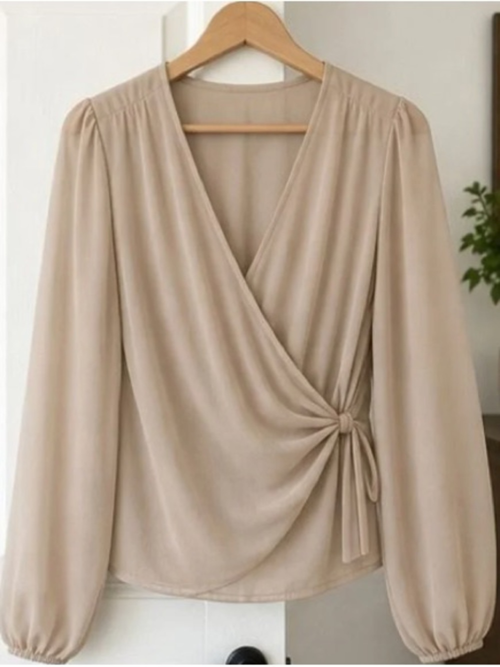 Wrap-Front Long Sleeve Blouse - Beige